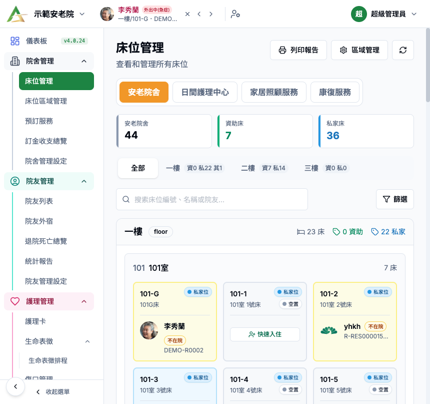 ANI 床位管理畫面